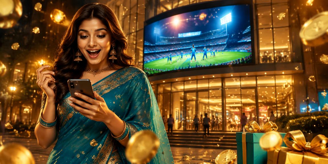Indian woman playing mobile casino game in traditional saree