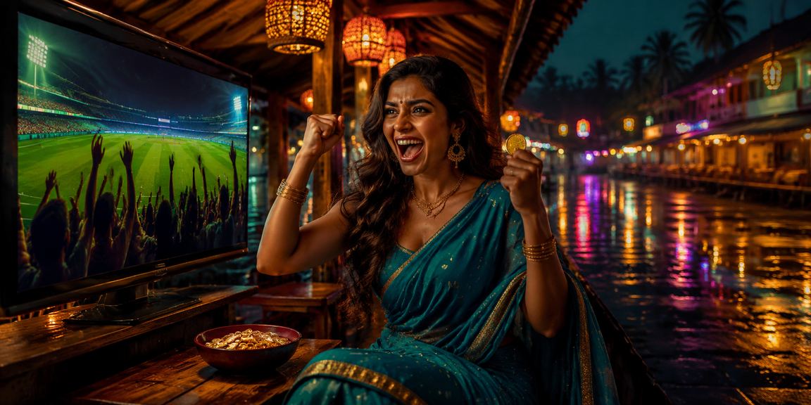A woman playing Andar Bahar card game on mobile at Kerala sports cafe