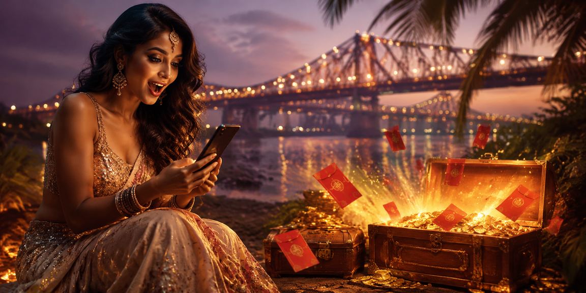 View of Howrah Bridge in Kolkata with festive red envelopes